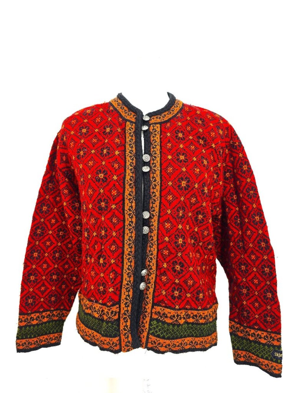 SKJAEVELAND Norwegian Wool Red Black Cardigan Sweater Women L / XL